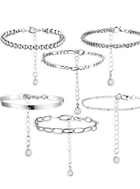 Sterling-Style Silver Anklet/Bracelet Set – 6-Pack Adjustable Silver Bracelets